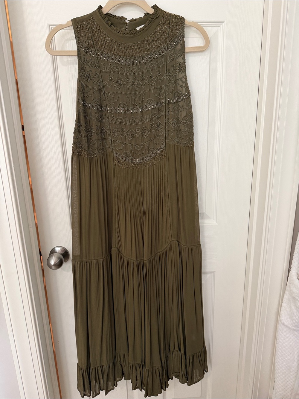Sundance Olive Green Sleeveless Maxi Dress with Embroidered Yoke